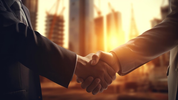 Business man handshake with construction builder or engineer silhouette sunrise handshake