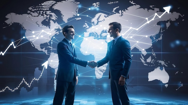 Business man handshake with effect global world map network link connection and graph chart of stoc