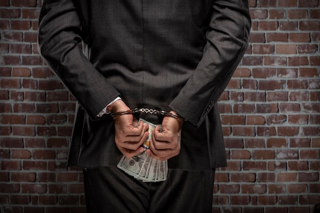 Деловой человек, держащий денежные купюры с наручниками в тюрьме. понятие коррупции, коррумпированных политиков, нелегального бизнеса. кирпичный фон.