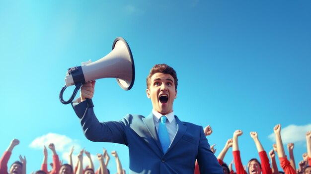 Business man holding megaphone standing background