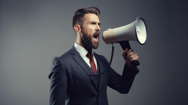 Photo business man holding megaphone standing on background