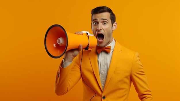 Business man holding megaphone standing