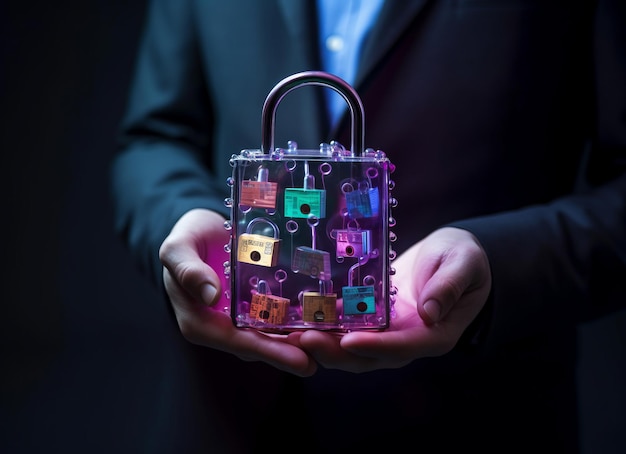 Business man holding a padlock with different icons around it
