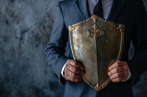 Photo business man holding shield close up on