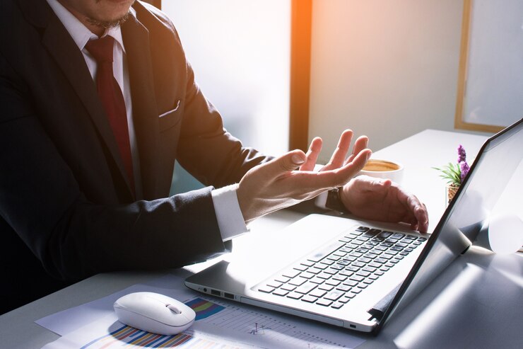 business man is pointing to leader financial results