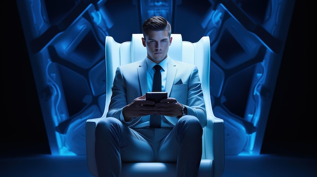 Business man is seated in a white futuristic armchair