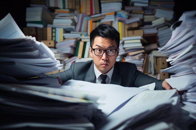 Business man looking angry on top of a pile of paperwork