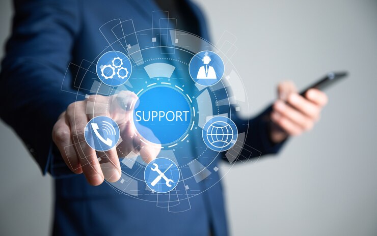 Business man met telefoon met ondersteuningspictogram