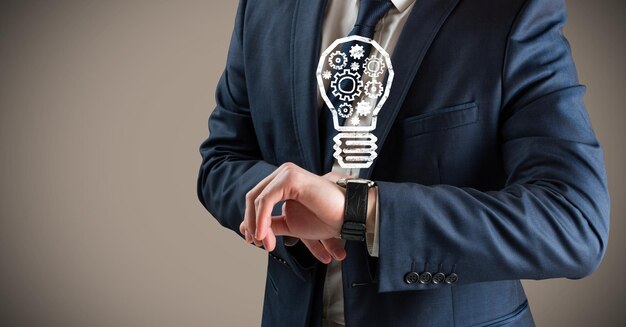 Business man mid section with lightbulb doodles over watch against brown background