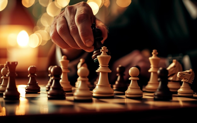 Business man moving chess piece on chess board Strategy and competition concept Business success