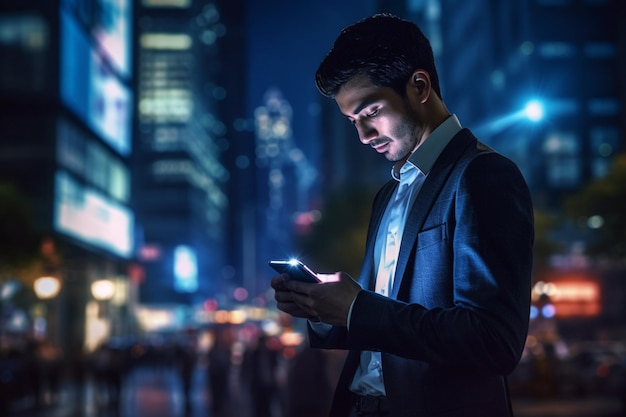 A business man at night using phone at night city with Generative AI