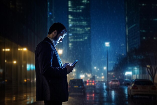 A business man at night using phone at night city with Generative AI