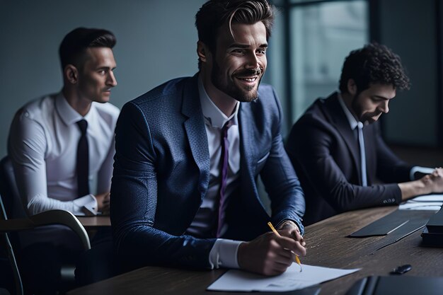 Foto uomo d'affari in ufficio che posa per una foto ai generativa