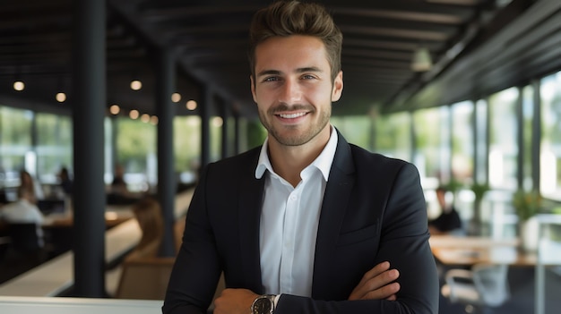 Photo business man at office smile looking to the camera