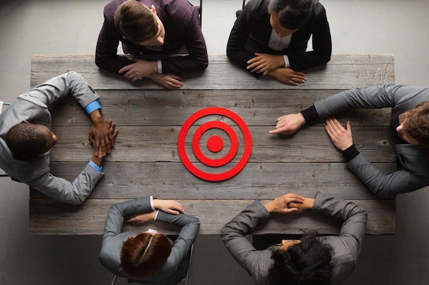 Photo business man pointing to company goal