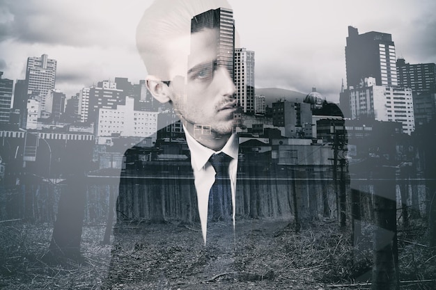 Business man portrait city double exposure and employee with monochrome and art deco overlay Corporate old school and urban worker with ideas of person with skyline and black and white effect