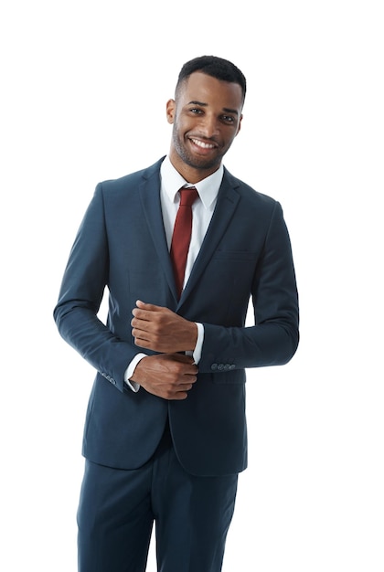 business man and pride on studio backdrop with portrait for professional career in corporate law legal advice and justice male lawyer happy and proud for attorney company with white background