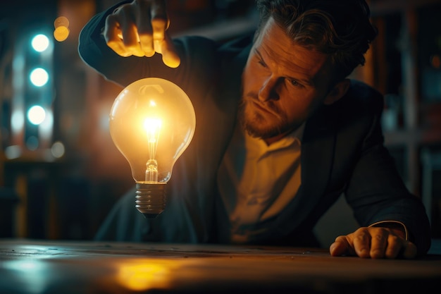 Uomo d'affari che spinge su un'icona della lampadina tecnologia e concetto di innovazione