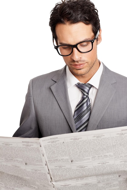 Business man and reading newspaper in studio for stock market information trading report and investment article on white background Corporate trader publication and print media for newsletter