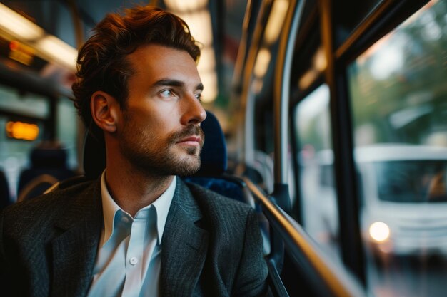 Business man rides bus to work