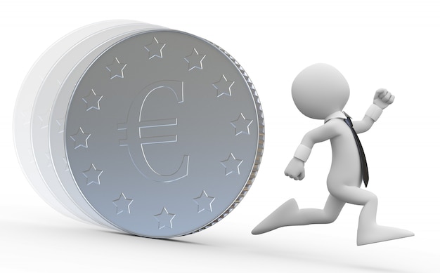 A business man running from a huge coin with the euro symbol