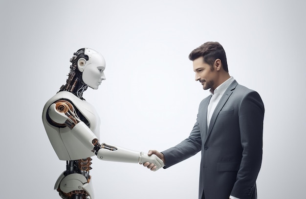 Business man shaking hand with AI humanoid robot human interacting with AI