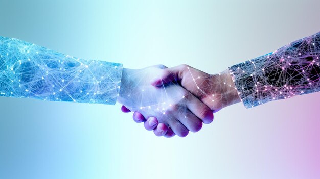 Business man shaking hand with global network link and graph chart stock market graphic diagram and bokeh light background digital technology internet connection teamwork and partnership concept