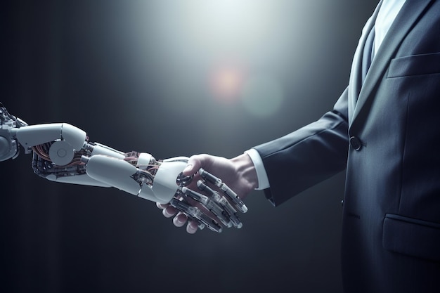 Деловой человек пожимает руку роботу, созданному с помощью инструментов ИИ