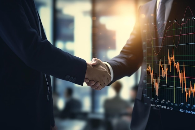 Photo business man shaking hand with stock graph stock market concept