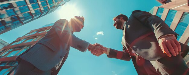 Photo business man shaking hands with partner medium closeup shot worms eye view shot