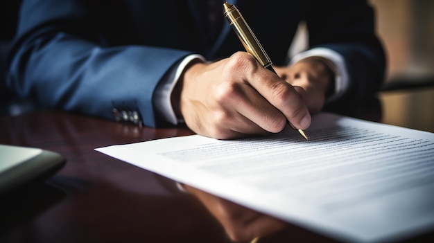 Photo business man signing contract document on office desk