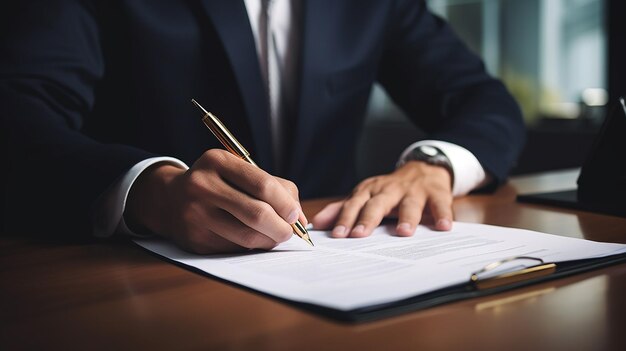 Photo business man signing contract document on office desk