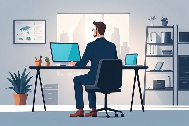 Бизнесмен, сидящий за столом, офис, рабочее место, ноутбук, спина, задняя сторона