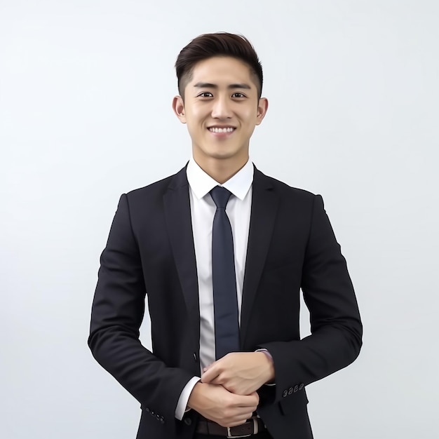 Business man smiling and wearing a blue suit with crossed arms close up