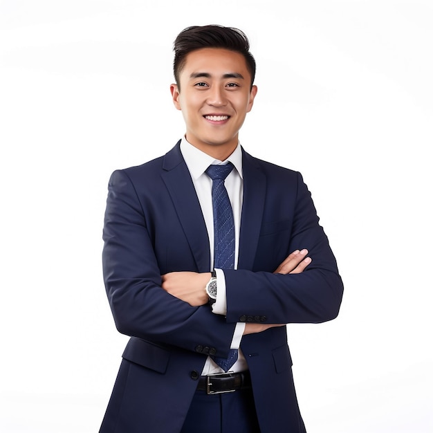 Business man smiling and wearing a blue suit with crossed arms close up