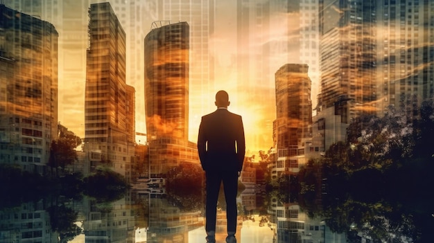 Business man standing back during sunrise overlay with cityscape Illustration AI GenerativexA