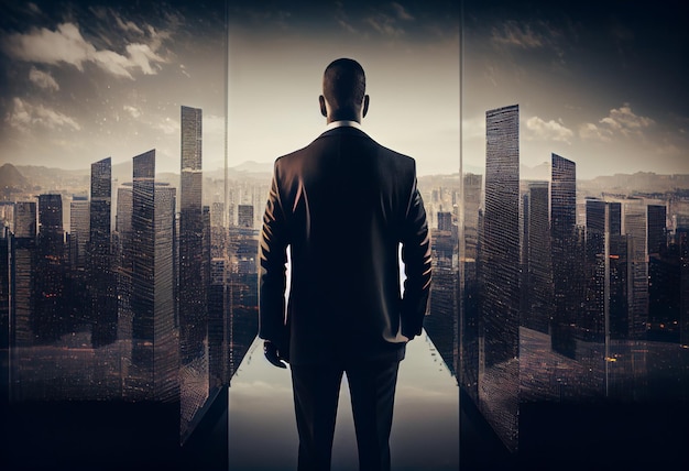 Business man standing back with cityscape in office skyscraper Generate Ai