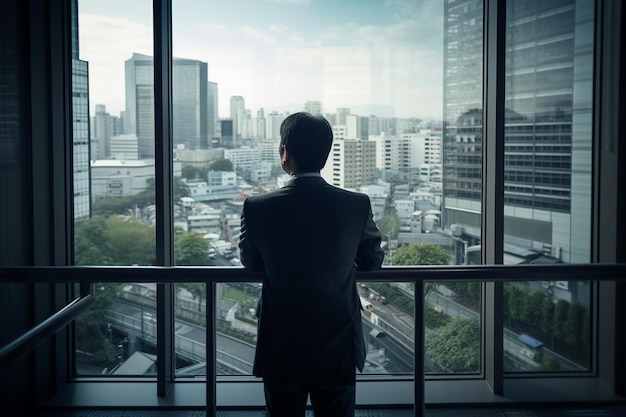 A business man standing on an office balcony viewed through a glass window AI