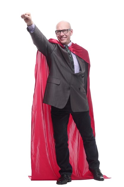 Business man in a superhero raincoat isolated on a white