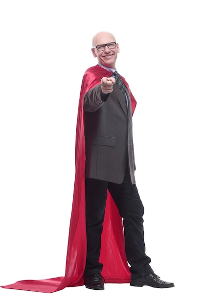 Business man in a superhero raincoat isolated on a white