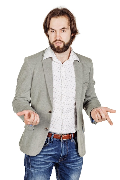 Business man talking during presentation and using hand gestures emotions facial expressions feelings body language signs image on a white studio background