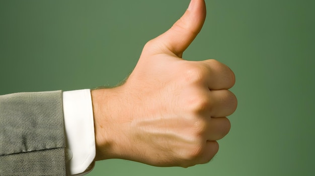 Business man thumbs up to indicate success likesencourages wins closeup