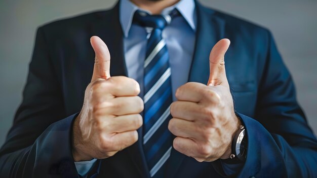 Business man thumbs up to indicate success likesencourages wins closeup