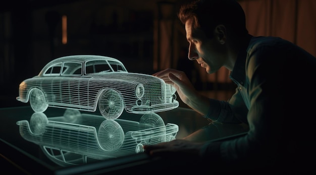 Foto un uomo d'affari che tocca un modello di automobile moderna su un tavolo generative ai aig21