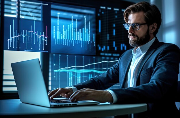 Business man trader investor analyst using multiples monitors with analytics charts