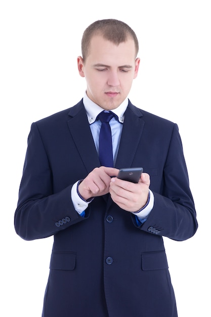 Business man typing sms on cell phone isolated on white background