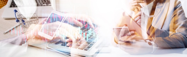 Photo business man using credit card and calculator for shopping online selective focus