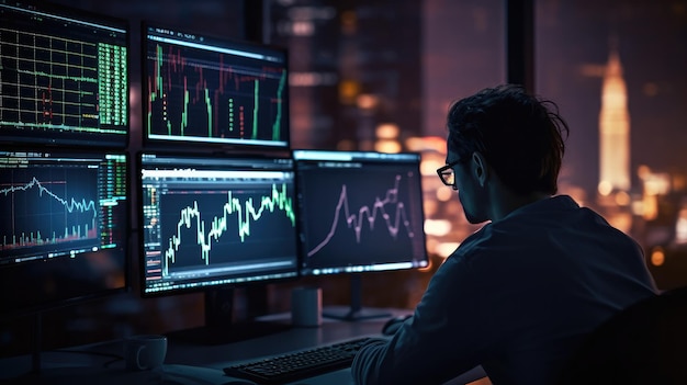 Business man using his computer to monitor analysis stock charts