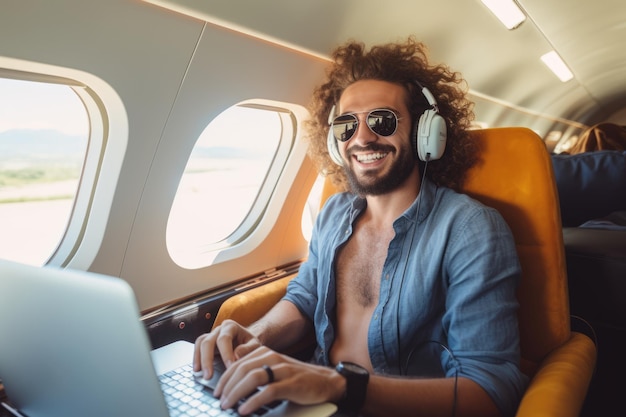 Деловой человек использует ноутбук во время полета в самолете возле окна