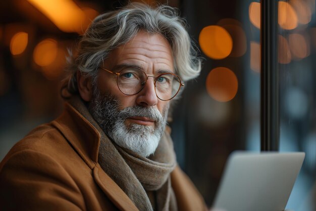 Business man using a notebook computer in the office Soft blur building in sunset background